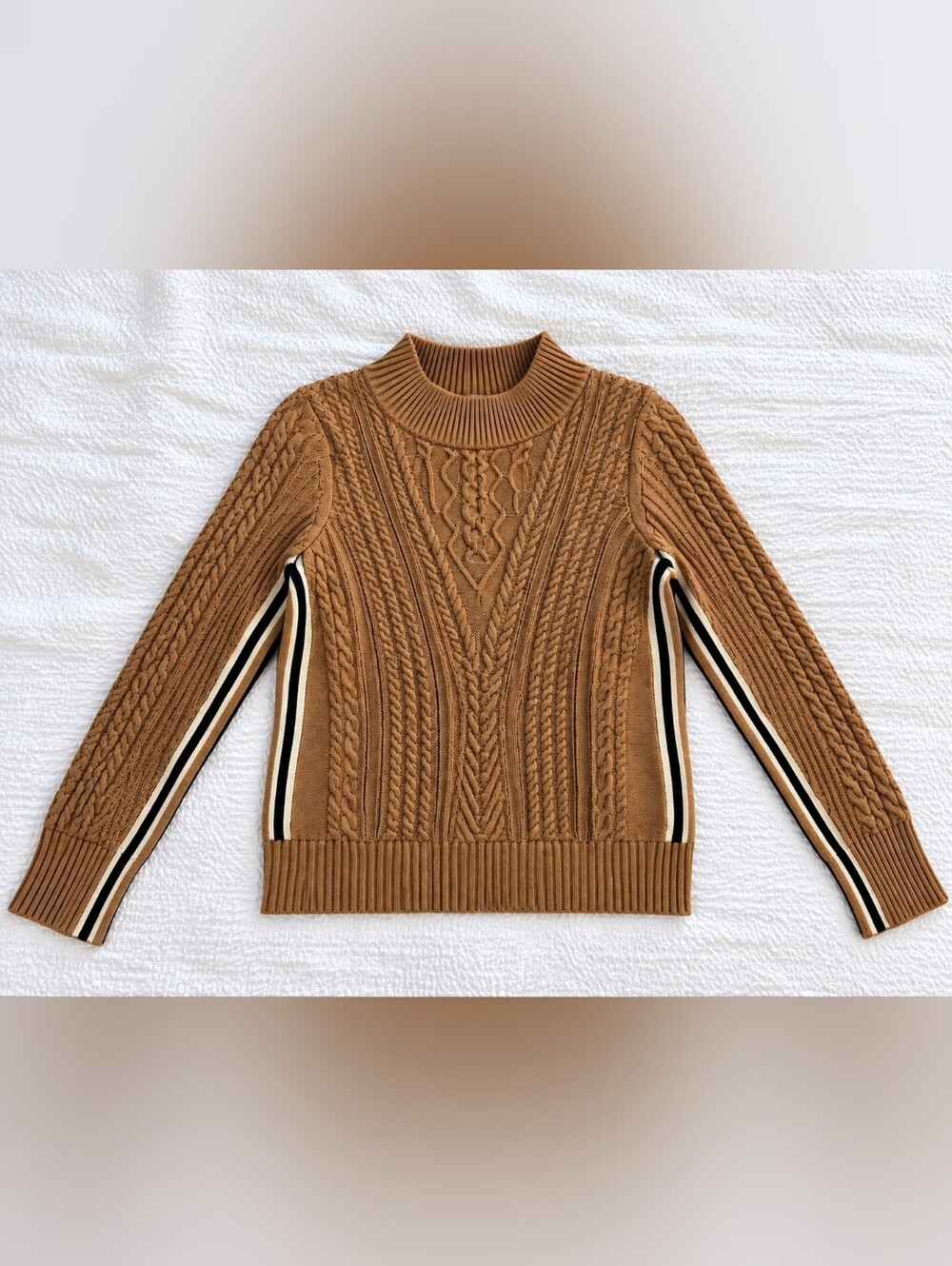 Halogen Camel Cable Knit Striped Sweater Size Medium Cotton Blend